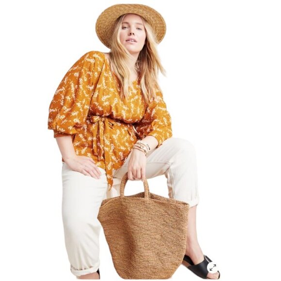 EUC Anthropologie Mustard Floral Tie Waist Amber Dolman-Sleeved Blouse - Picture 5 of 13